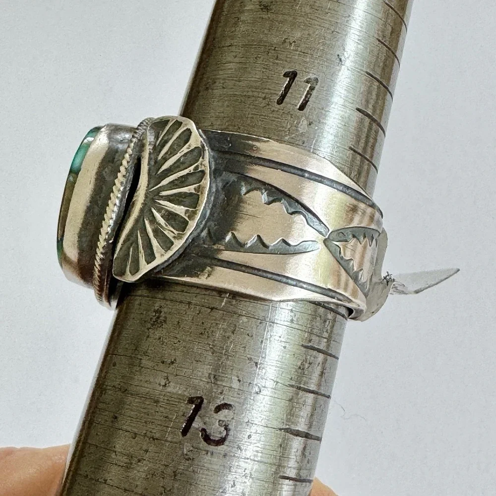 Navajo Turquoise Mens Ring Fox‎ w Pyrite 12 Signed Tillie Jon Sterling Wide Band